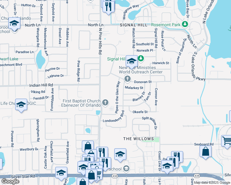 map of restaurants, bars, coffee shops, grocery stores, and more near 3610 Pipes O the Glen Way in Orlando
