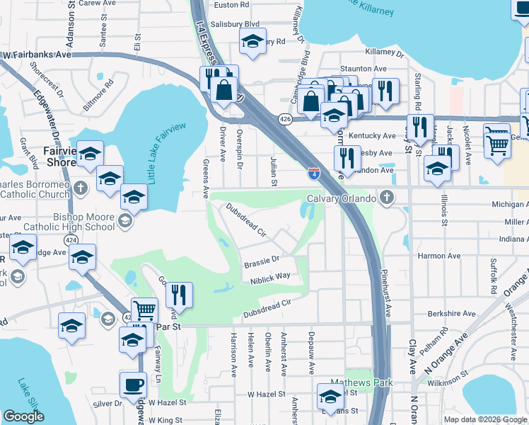 map of restaurants, bars, coffee shops, grocery stores, and more near 340 Bunker Place in Orlando