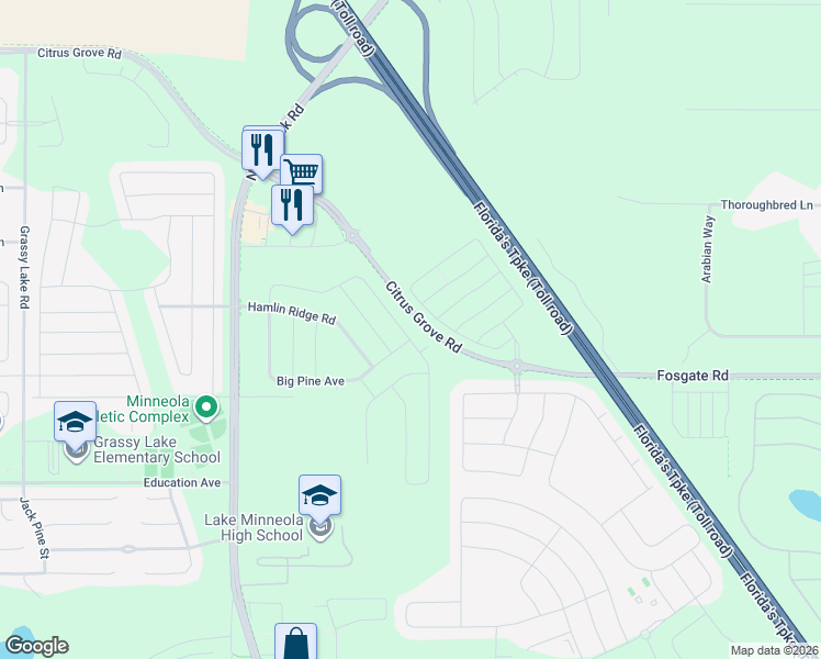 map of restaurants, bars, coffee shops, grocery stores, and more near Triple E Road in Clermont