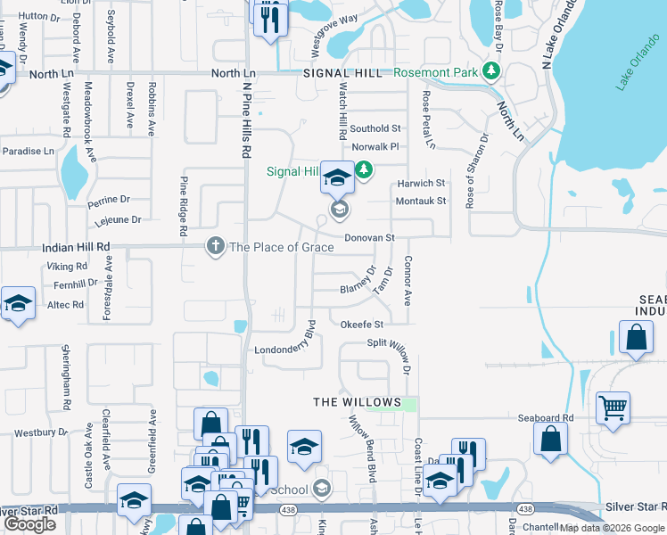 map of restaurants, bars, coffee shops, grocery stores, and more near 4905 Leprechaun Way in Orlando