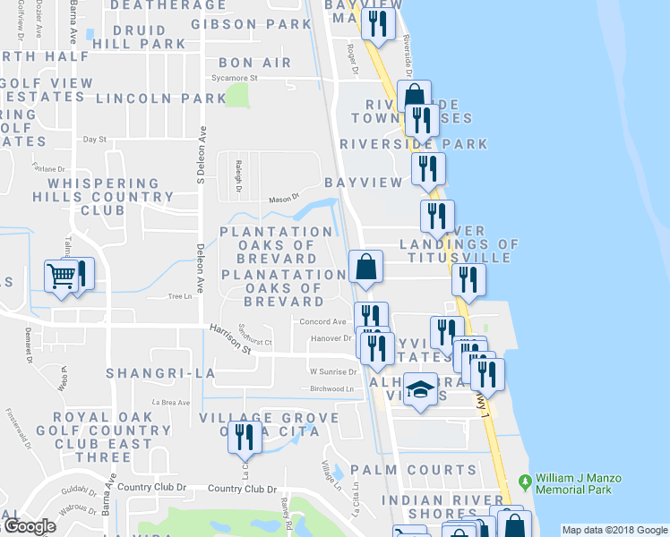 map of restaurants, bars, coffee shops, grocery stores, and more near 500 Macon Drive in Titusville