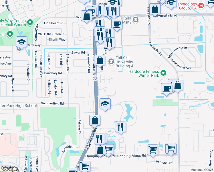 map of restaurants, bars, coffee shops, grocery stores, and more near 141 Scottsdale Square in Winter Park