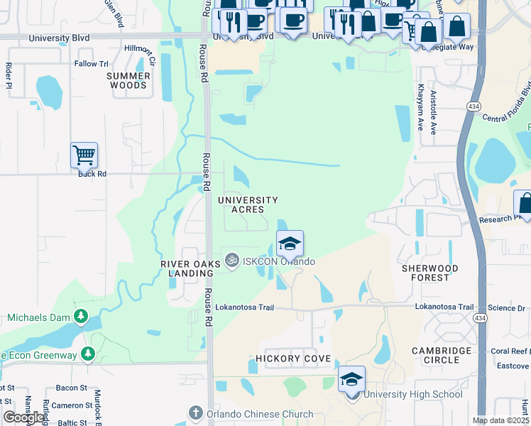 map of restaurants, bars, coffee shops, grocery stores, and more near 2672 University Acres Drive in Orlando