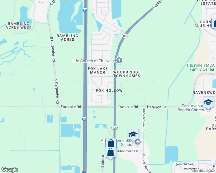 map of restaurants, bars, coffee shops, grocery stores, and more near 2280 Fox Hollow Drive in Titusville