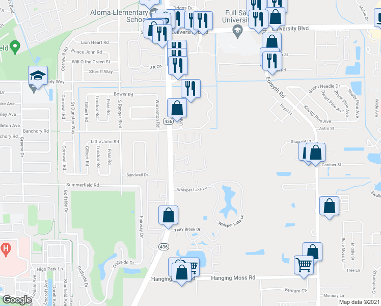 map of restaurants, bars, coffee shops, grocery stores, and more near 656 Saint Johns Court in Winter Park