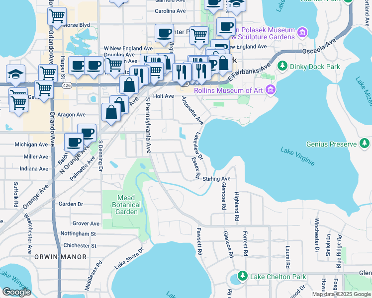 map of restaurants, bars, coffee shops, grocery stores, and more near 1131 Oxford Road in Winter Park