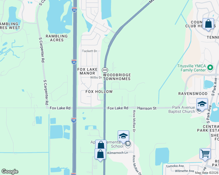 map of restaurants, bars, coffee shops, grocery stores, and more near 3475 Fox Hollow Drive in Titusville
