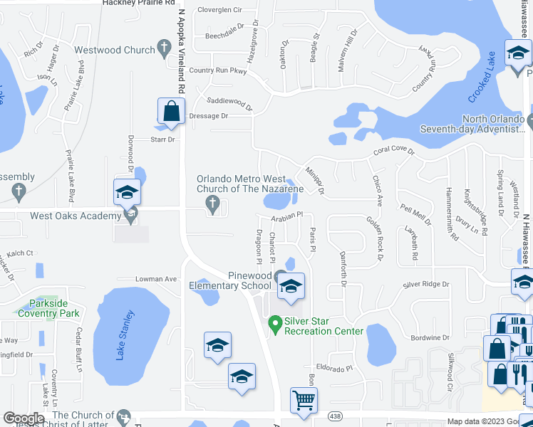 map of restaurants, bars, coffee shops, grocery stores, and more near 7921 Arabian Place in Orlando