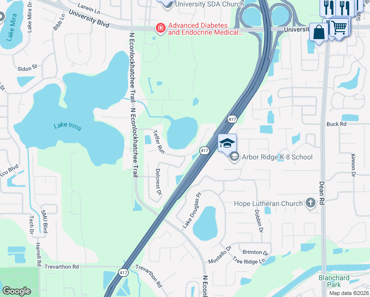 map of restaurants, bars, coffee shops, grocery stores, and more near 9343 Telfer Run in Orlando