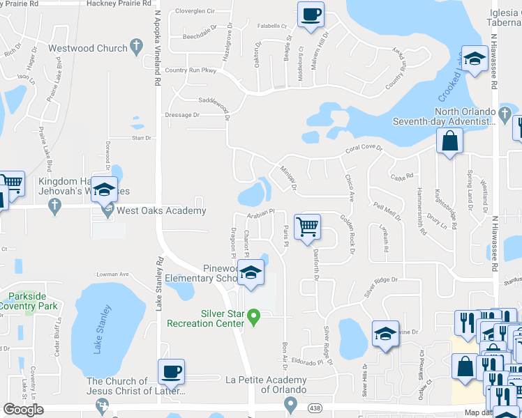map of restaurants, bars, coffee shops, grocery stores, and more near 7831 Arabian Place in Orlando