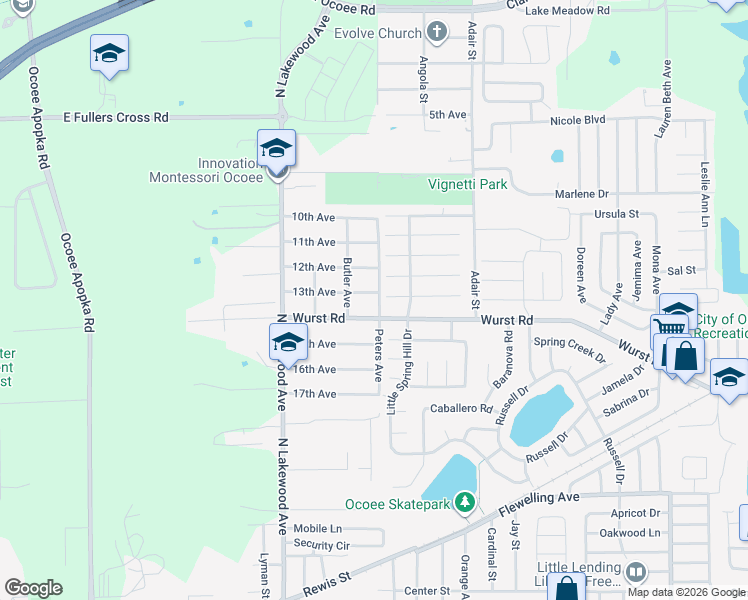 map of restaurants, bars, coffee shops, grocery stores, and more near 348 13th Avenue in Ocoee