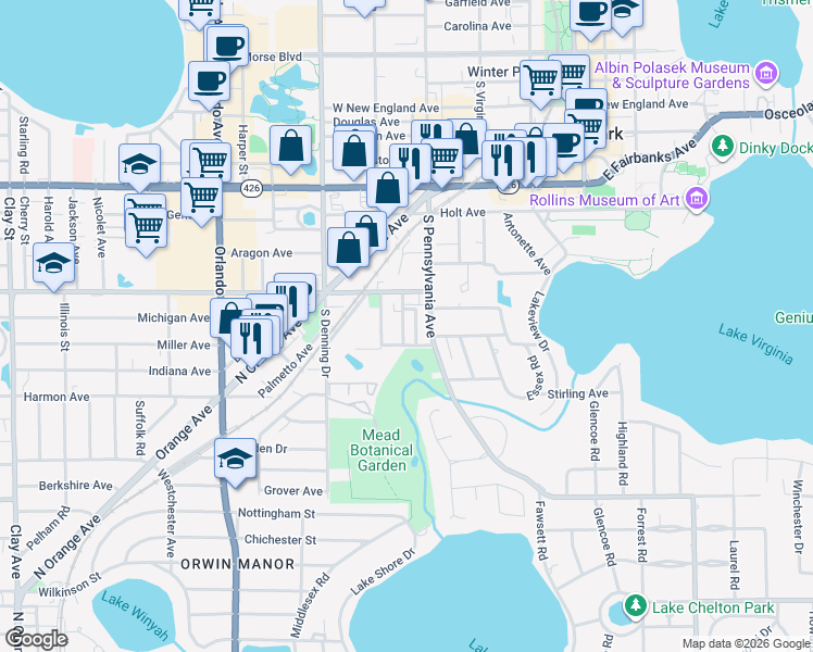 map of restaurants, bars, coffee shops, grocery stores, and more near 1147 South Pennsylvania Avenue in Winter Park