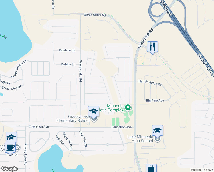 map of restaurants, bars, coffee shops, grocery stores, and more near 2066 Redbay Avenue in Minneola