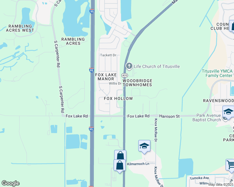 map of restaurants, bars, coffee shops, grocery stores, and more near 2280 Fox Hollow Drive in Titusville