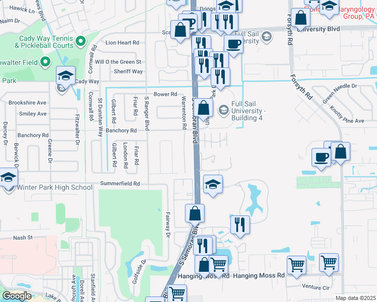 map of restaurants, bars, coffee shops, grocery stores, and more near 639 Warrenton Road in Winter Park