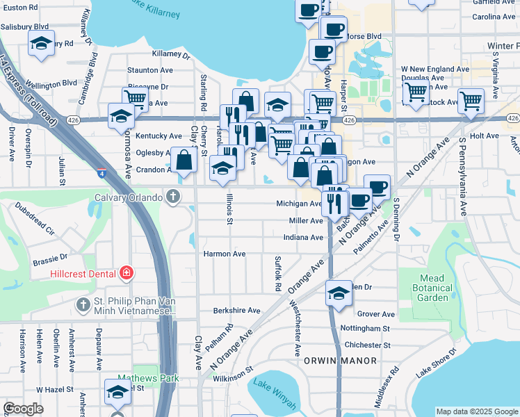 map of restaurants, bars, coffee shops, grocery stores, and more near 1442 Michigan Avenue in Winter Park