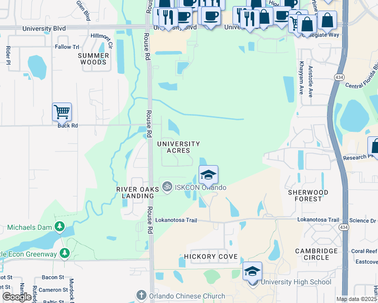 map of restaurants, bars, coffee shops, grocery stores, and more near 2672 University Acres Drive in Orlando