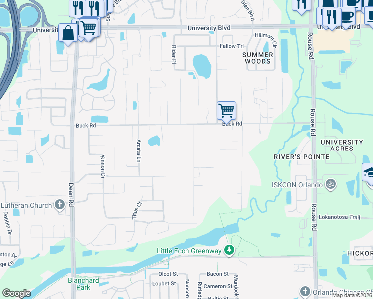 map of restaurants, bars, coffee shops, grocery stores, and more near 2904 Cleburne Road in Orlando