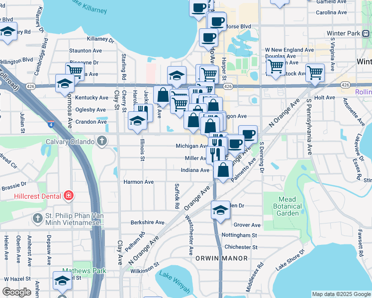 map of restaurants, bars, coffee shops, grocery stores, and more near 1320 Michigan Avenue in Winter Park