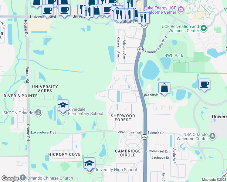 map of restaurants, bars, coffee shops, grocery stores, and more near 11600 Mackay Boulevard in Orlando
