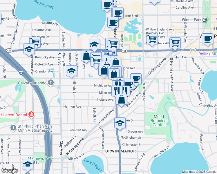 map of restaurants, bars, coffee shops, grocery stores, and more near 1258 Michigan Avenue in Winter Park