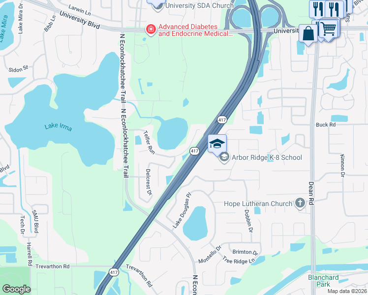 map of restaurants, bars, coffee shops, grocery stores, and more near 9343 Telfer Run in Orlando