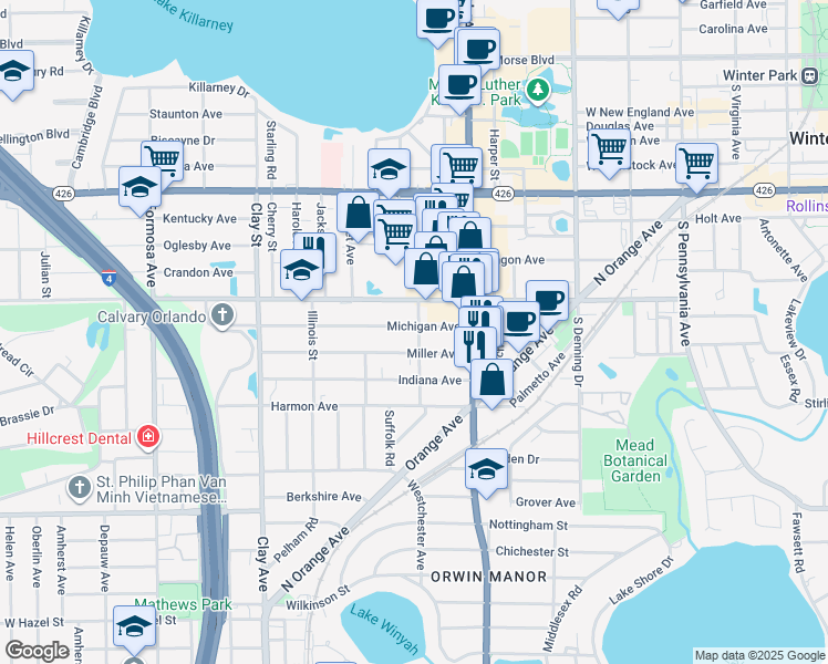 map of restaurants, bars, coffee shops, grocery stores, and more near 1320 Michigan Avenue in Winter Park