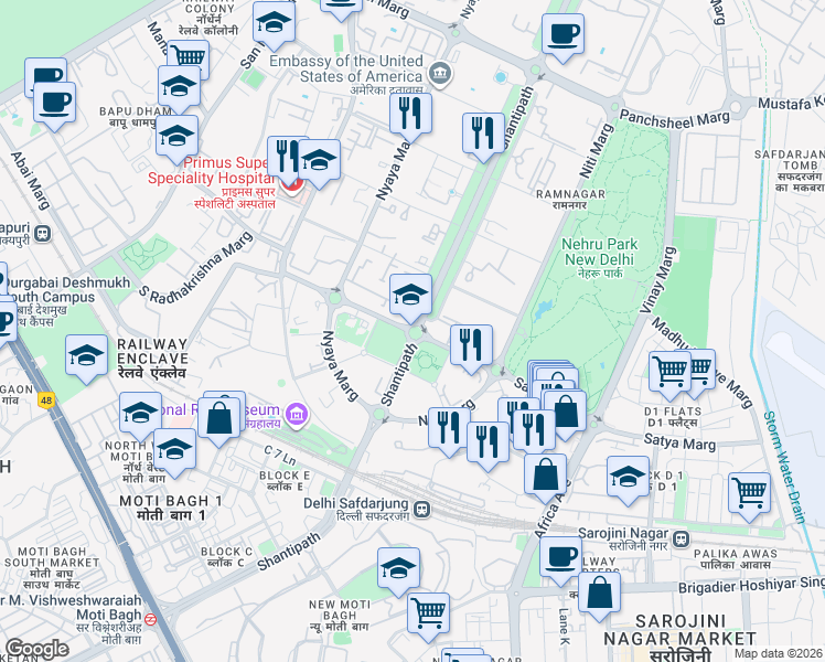 map of restaurants, bars, coffee shops, grocery stores, and more near in New Delhi