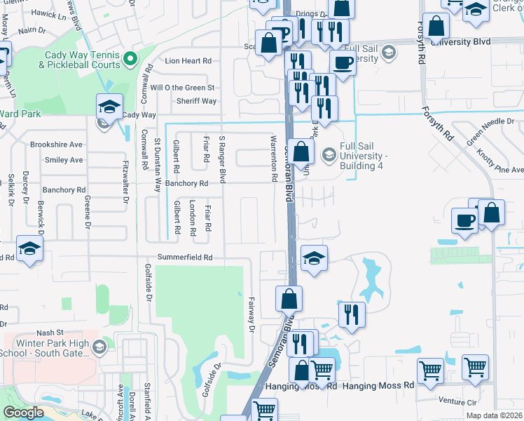 map of restaurants, bars, coffee shops, grocery stores, and more near 642 Monmouth Way in Winter Park