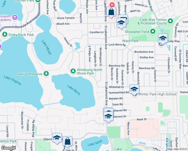 map of restaurants, bars, coffee shops, grocery stores, and more near 672 Balmoral Road in Winter Park
