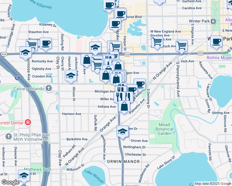 map of restaurants, bars, coffee shops, grocery stores, and more near 1258 Michigan Avenue in Winter Park
