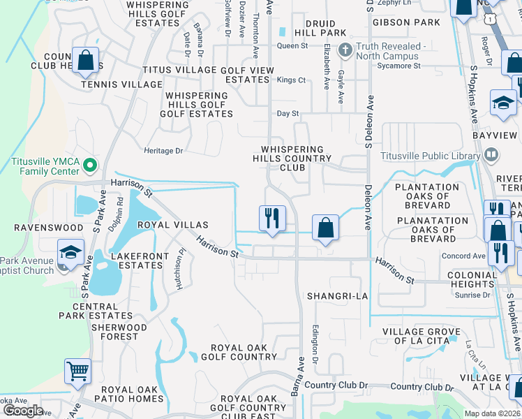 map of restaurants, bars, coffee shops, grocery stores, and more near 2250 Talmadge Drive in Titusville