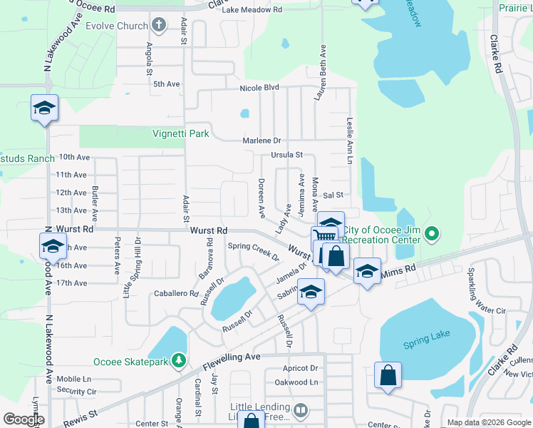 map of restaurants, bars, coffee shops, grocery stores, and more near 1501 Doreen Ave in Ocoee