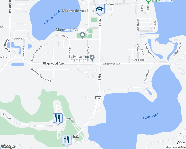map of restaurants, bars, coffee shops, grocery stores, and more near 16590 Morningside Drive in Montverde