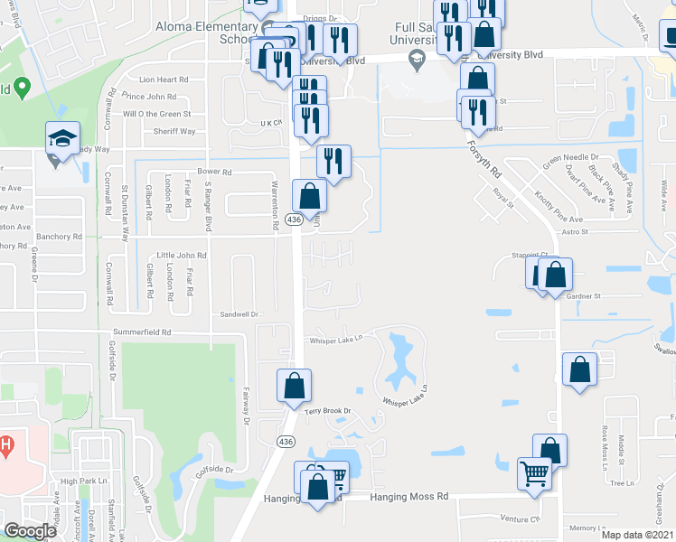 map of restaurants, bars, coffee shops, grocery stores, and more near 668 Grenadine Court in Winter Park