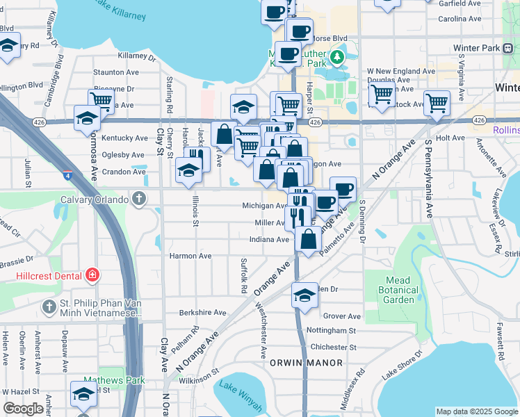 map of restaurants, bars, coffee shops, grocery stores, and more near 1320 Michigan Avenue in Winter Park