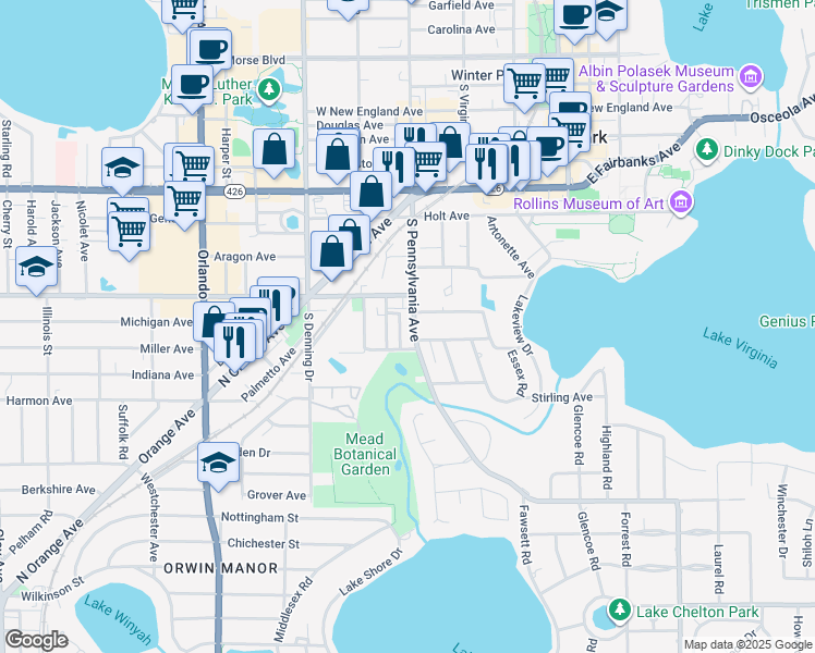 map of restaurants, bars, coffee shops, grocery stores, and more near 1147 South Pennsylvania Avenue in Winter Park