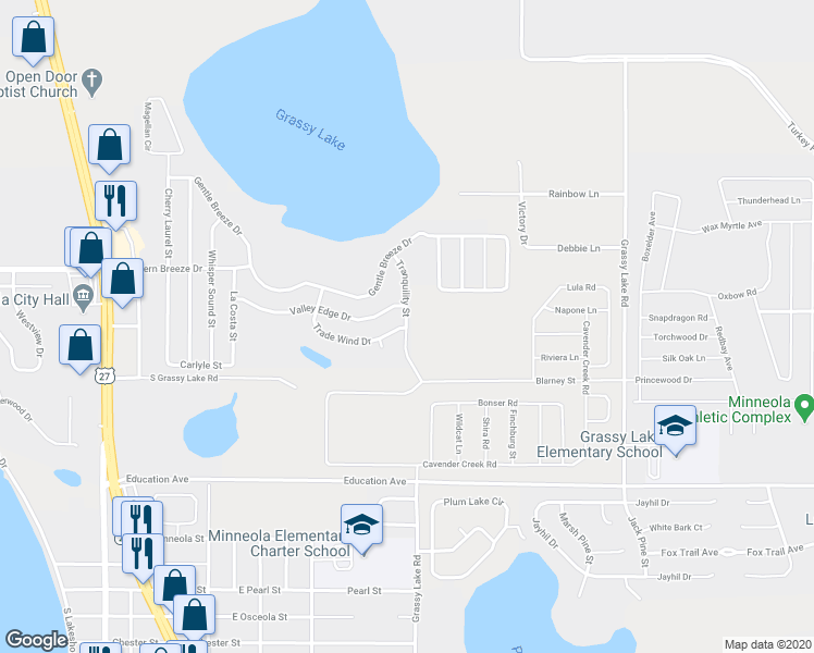 map of restaurants, bars, coffee shops, grocery stores, and more near 641 Tranquility Street in Minneola