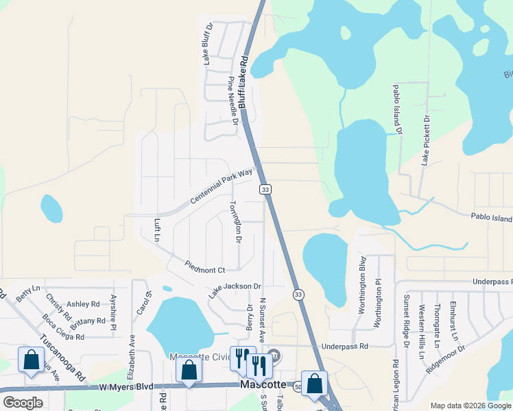 map of restaurants, bars, coffee shops, grocery stores, and more near 617 Huey Street in Mascotte