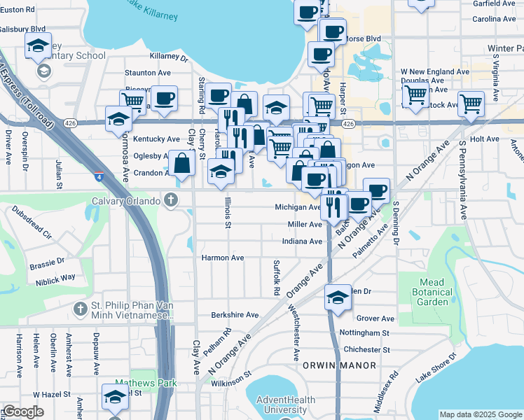 map of restaurants, bars, coffee shops, grocery stores, and more near 1442 Michigan Avenue in Winter Park