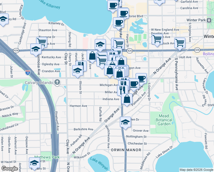 map of restaurants, bars, coffee shops, grocery stores, and more near 1320 Michigan Avenue in Winter Park