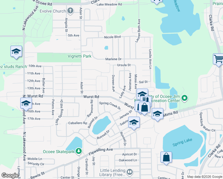 map of restaurants, bars, coffee shops, grocery stores, and more near 1501 Doreen Avenue in Ocoee