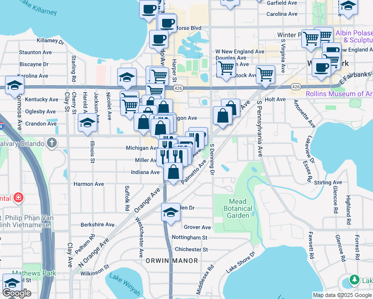 map of restaurants, bars, coffee shops, grocery stores, and more near 955 Oak Pl in Winter Park