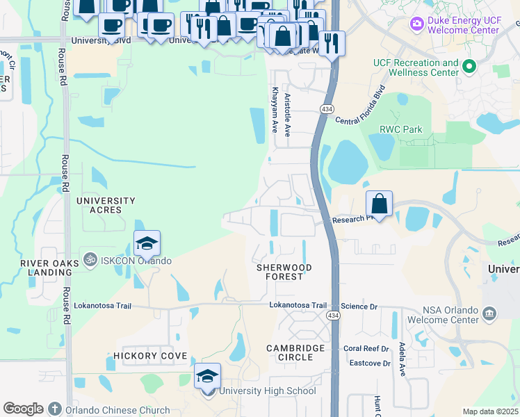 map of restaurants, bars, coffee shops, grocery stores, and more near 11600 Mackay Boulevard in Orlando