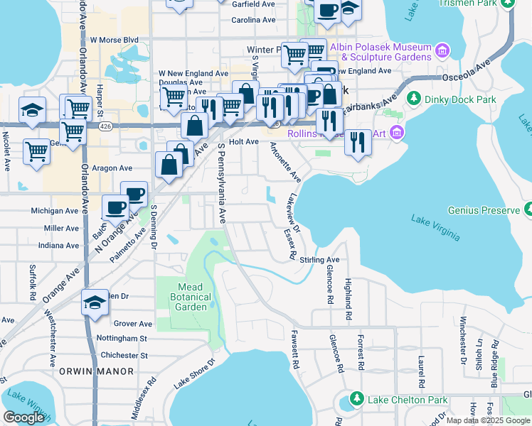map of restaurants, bars, coffee shops, grocery stores, and more near 1131 Oxford Road in Winter Park