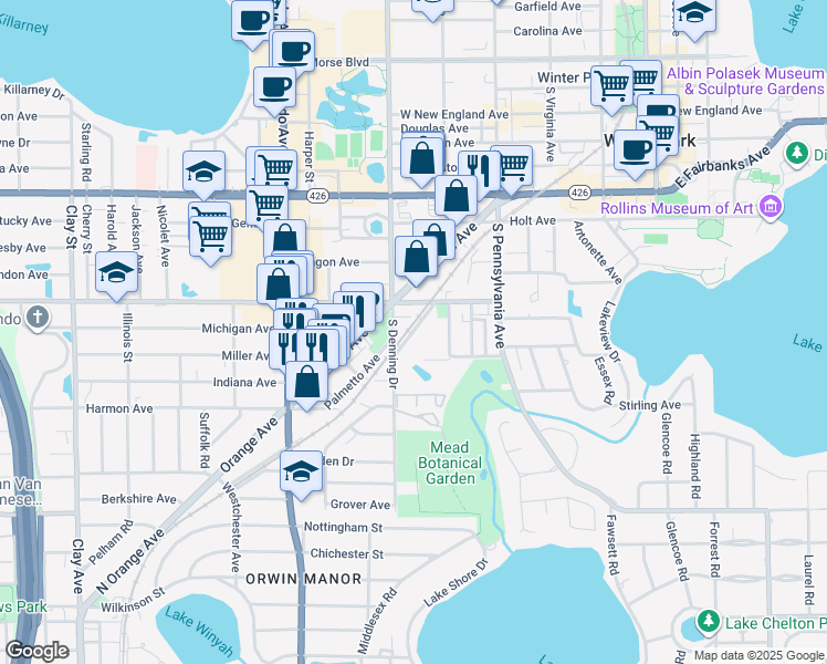 map of restaurants, bars, coffee shops, grocery stores, and more near Barnum Avenue in Winter Park