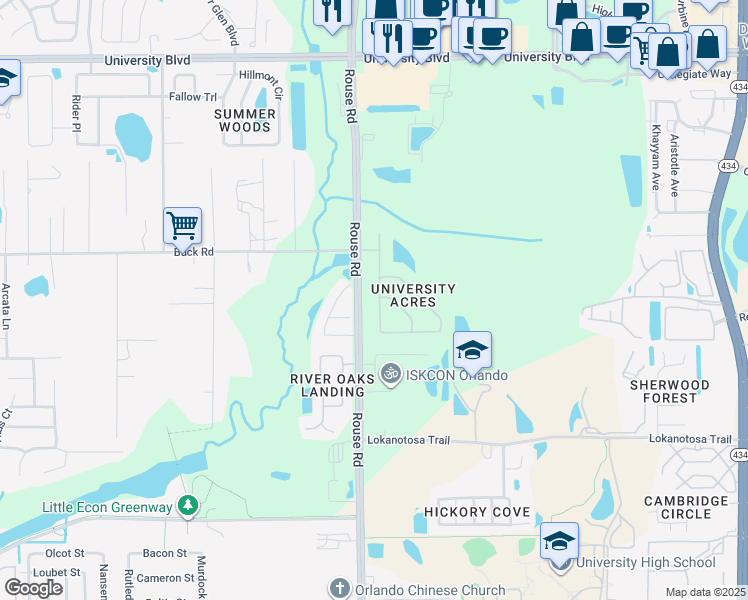 map of restaurants, bars, coffee shops, grocery stores, and more near 2838 University Acres Drive in Orlando