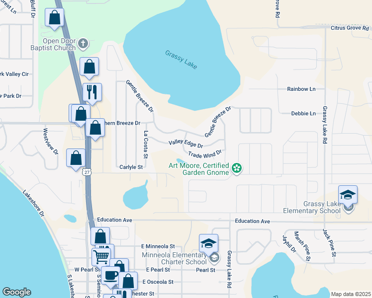 map of restaurants, bars, coffee shops, grocery stores, and more near 325 Trade Wind Drive in Minneola