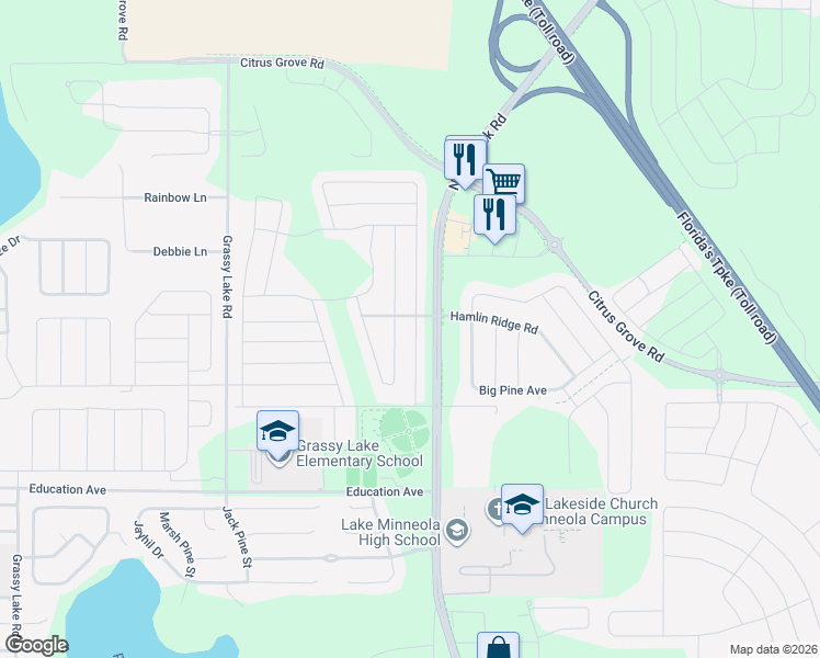 map of restaurants, bars, coffee shops, grocery stores, and more near 643 Woods Landing Drive in Minneola