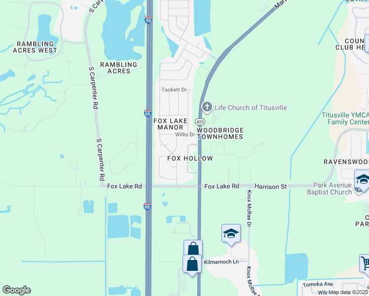 map of restaurants, bars, coffee shops, grocery stores, and more near 2280 Fox Hollow Drive in Titusville
